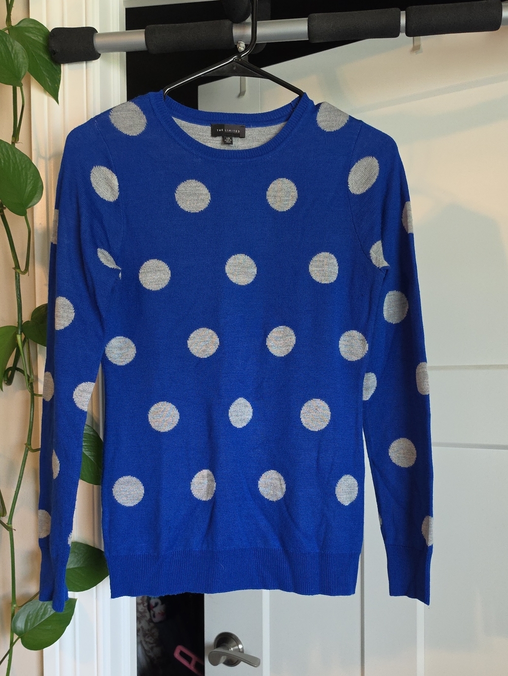 The Limited Royal Blue Crewneck Sweater with Gray Polka Dots